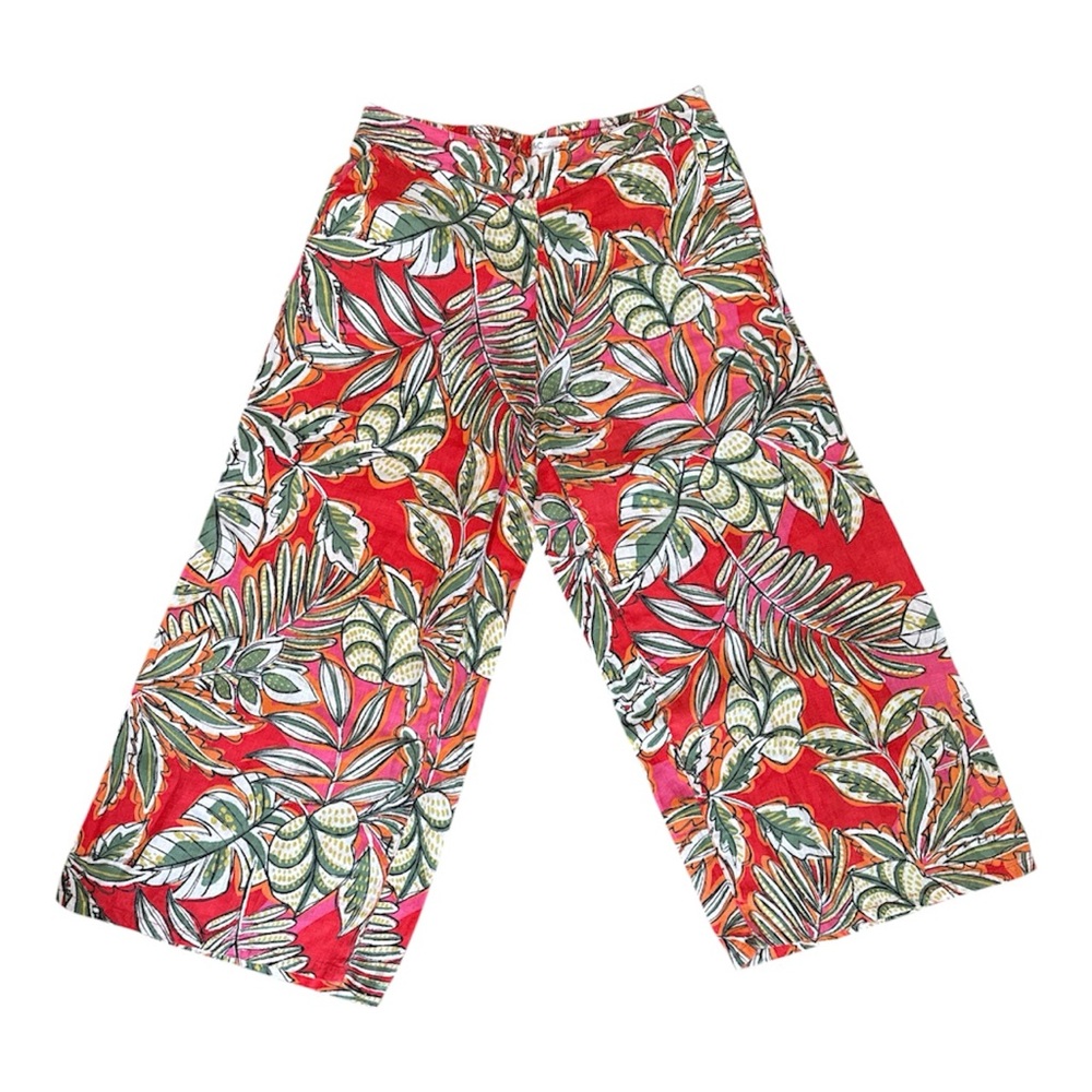 C&C California Wide Leg Linen Pants Tropical Print Pockets Coastal Resort Sz L
